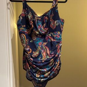 Land’s End Navy Paisley Swimsuit with back cross straps.